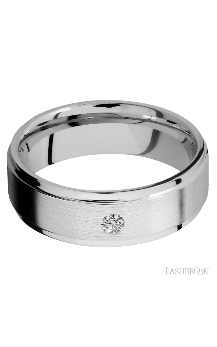 7 mm wide/Flat Grooved Edges/14K White Gold band with an arrangement of 1, .1 carat Round Diamond stones in a Flush setting. - Diamonds By Rothschild