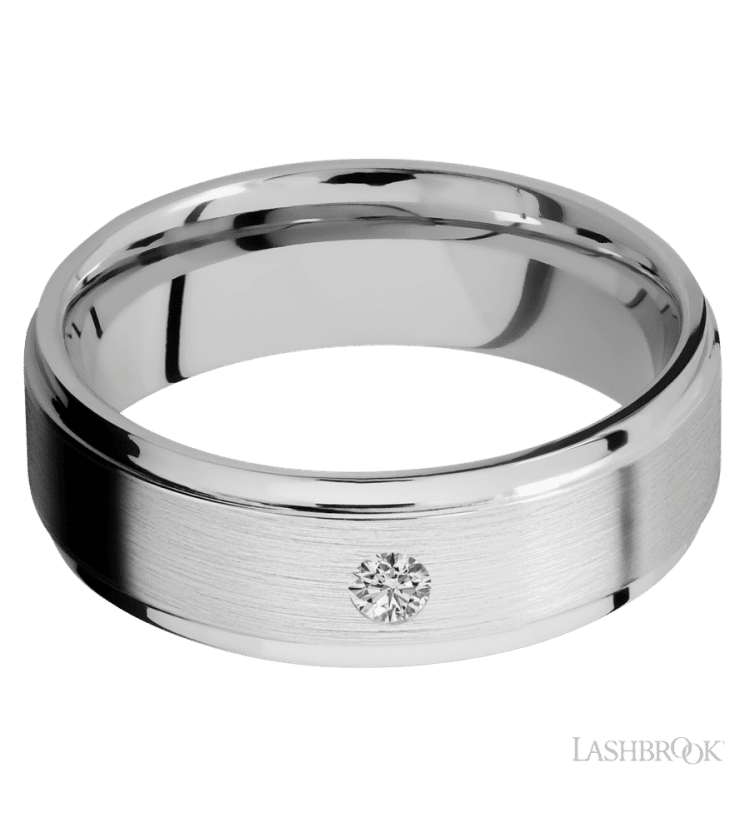 7 mm wide/Flat Grooved Edges/14K White Gold band with an arrangement of 1, .1 carat Round Diamond stones in a Flush setting. - Diamonds By Rothschild