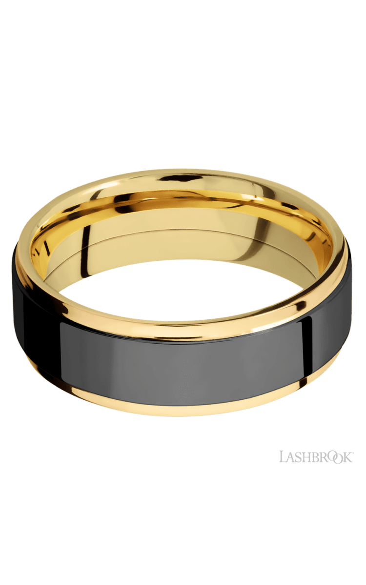 7 mm wide/Flat Grooved Edges/14K Yellow Gold band with one 5 mm Raised Centered inlay of Zirconium. - Diamonds By Rothschild