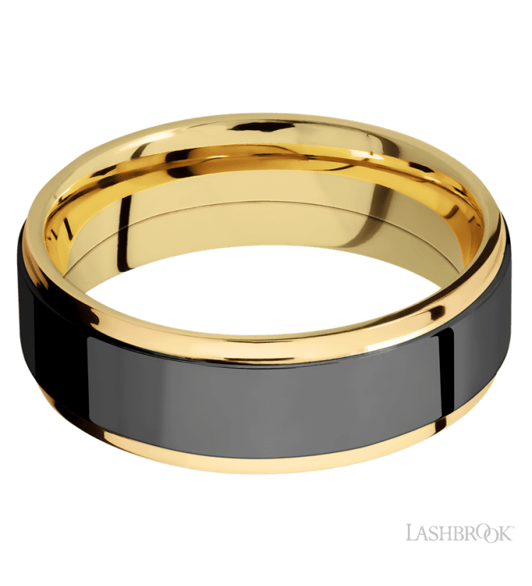7 mm wide/Flat Grooved Edges/14K Yellow Gold band with one 5 mm Raised Centered inlay of Zirconium. - Diamonds By Rothschild