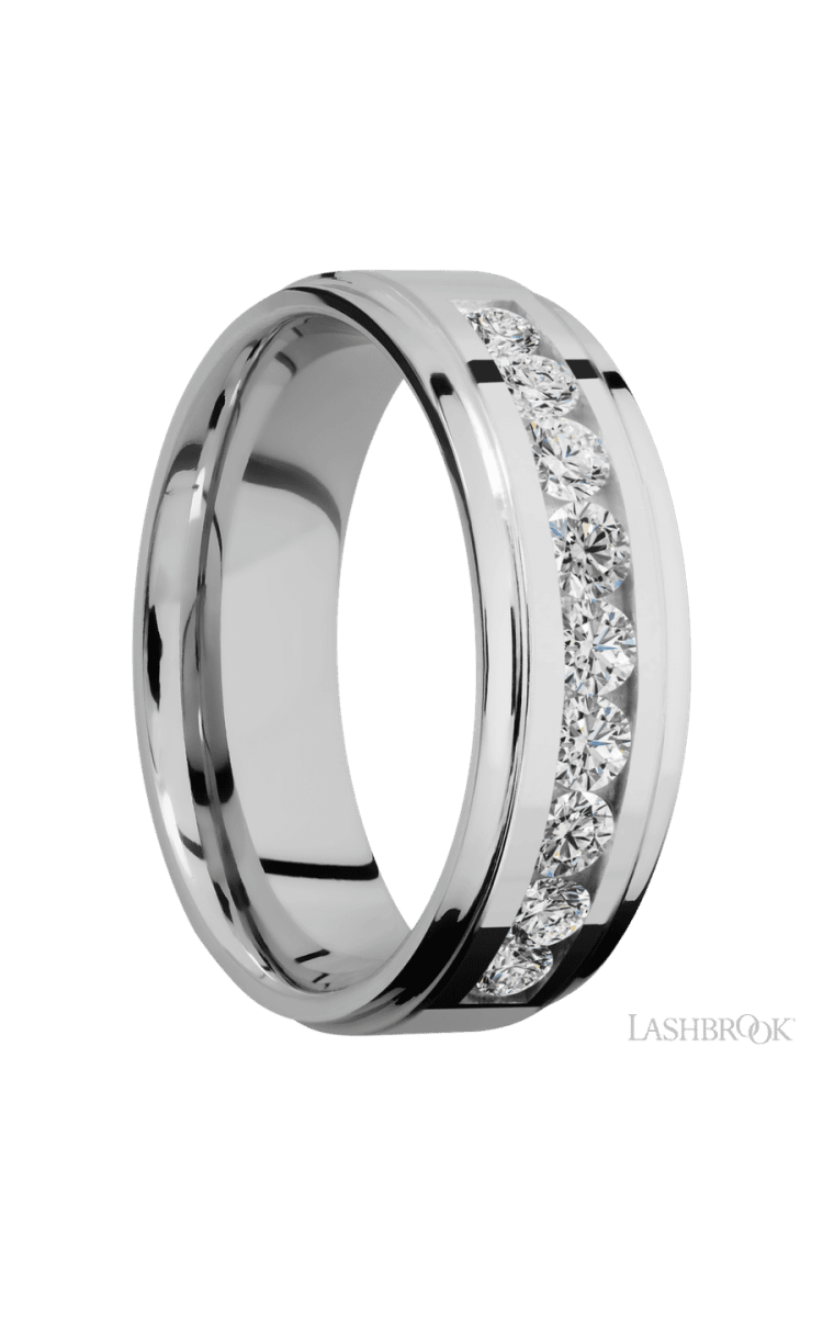 7 mm wide/Flat Grooved Edges/Cobalt Chrome band with an arrangement of 9, .1 carat Round Diamond stones in a Channel setting. - Diamonds By Rothschild