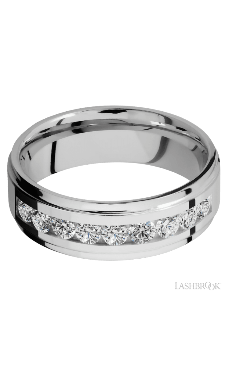 7 mm wide/Flat Grooved Edges/Cobalt Chrome band with an arrangement of 9, .1 carat Round Diamond stones in a Channel setting. - Diamonds By Rothschild