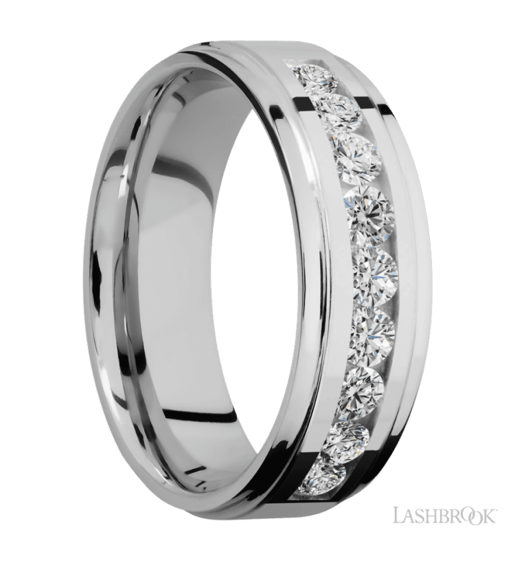 7 mm wide/Flat Grooved Edges/Cobalt Chrome band with an arrangement of 9, .1 carat Round Diamond stones in a Channel setting. - Diamonds By Rothschild