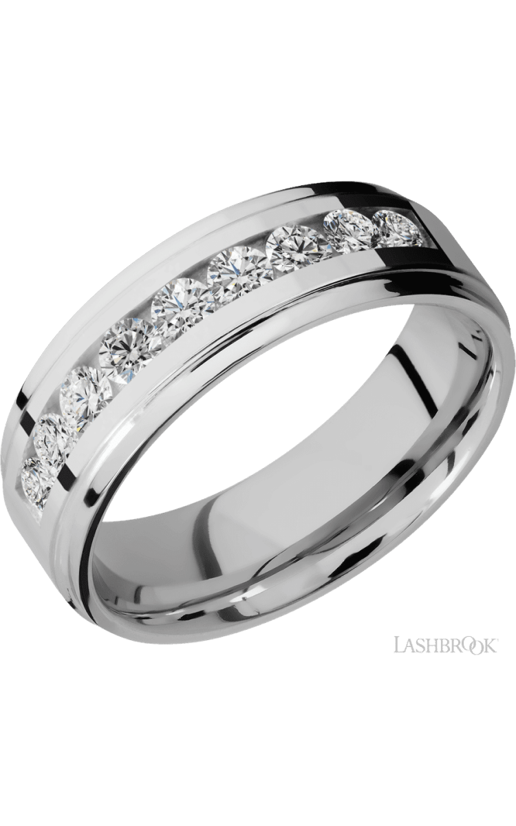 7 mm wide/Flat Grooved Edges/Cobalt Chrome band with an arrangement of 9, .1 carat Round Diamond stones in a Channel setting. - Diamonds By Rothschild