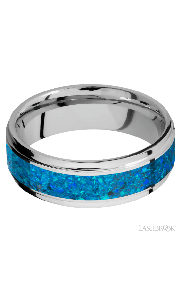 7 mm wide/Flat Grooved Edges/Cobalt Chrome band with one 4 mm Centered inlay of Blue Opal. - Diamonds By Rothschild