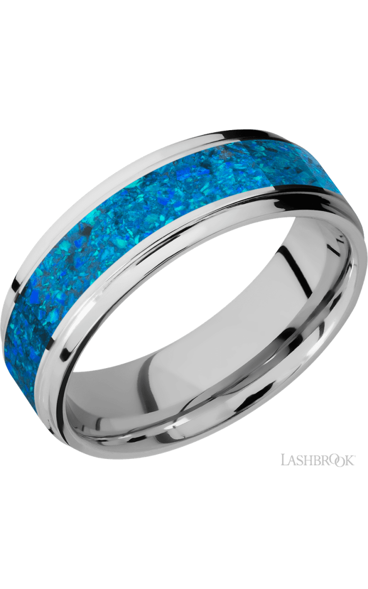 7 mm wide/Flat Grooved Edges/Cobalt Chrome band with one 4 mm Centered inlay of Blue Opal. - Diamonds By Rothschild