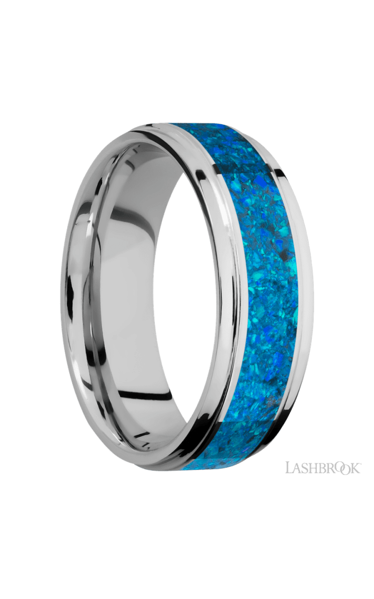 7 mm wide/Flat Grooved Edges/Cobalt Chrome band with one 4 mm Centered inlay of Blue Opal. - Diamonds By Rothschild
