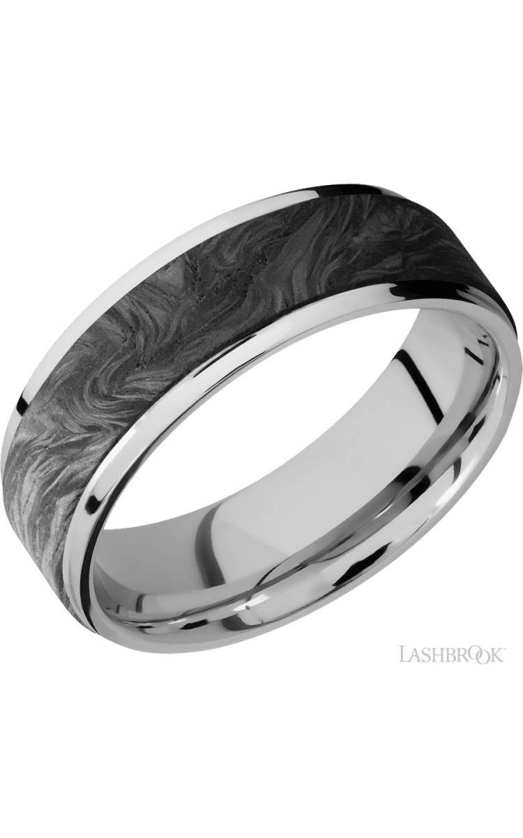 7 mm wide/Flat Grooved Edges/Cobalt Chrome band with one 5 mm Raised Centered inlay of Forged Carbon Fiber. - Diamonds By Rothschild