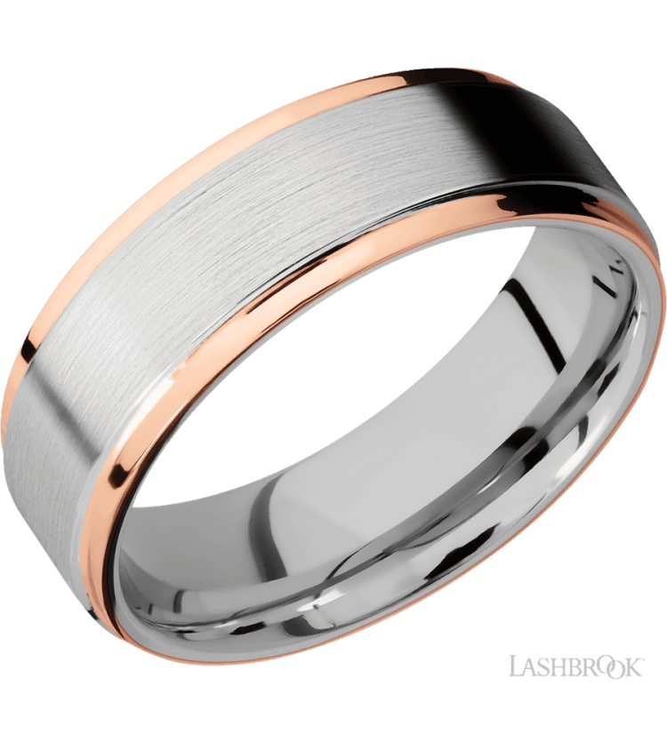 7 mm wide/Flat Grooved Edges/Cobalt Chrome band with two 1 mm Edge inlays of 14K Rose Gold. - Diamonds By Rothschild