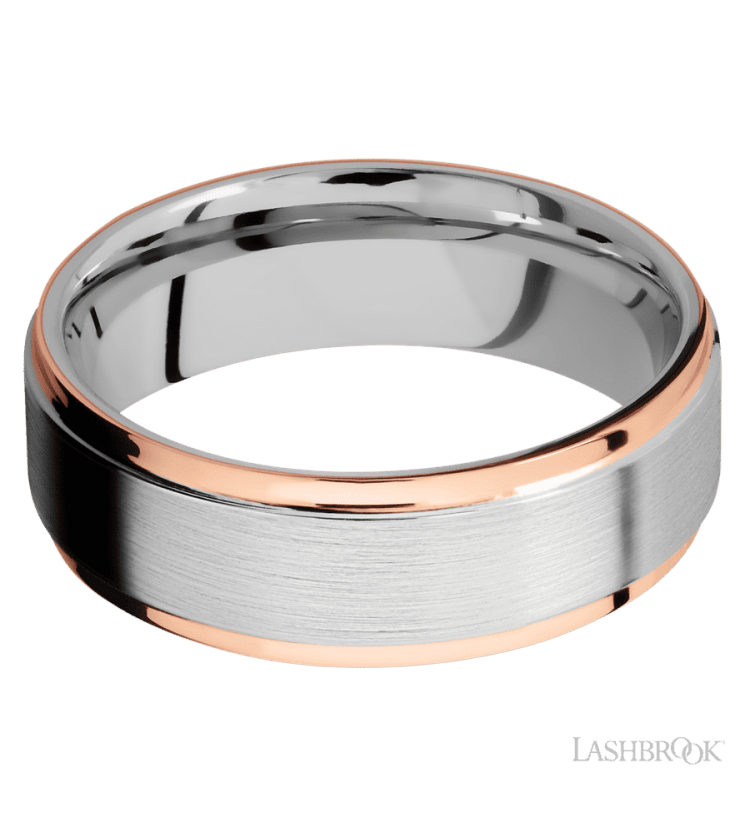 7 mm wide/Flat Grooved Edges/Cobalt Chrome band with two 1 mm Edge inlays of 14K Rose Gold. - Diamonds By Rothschild