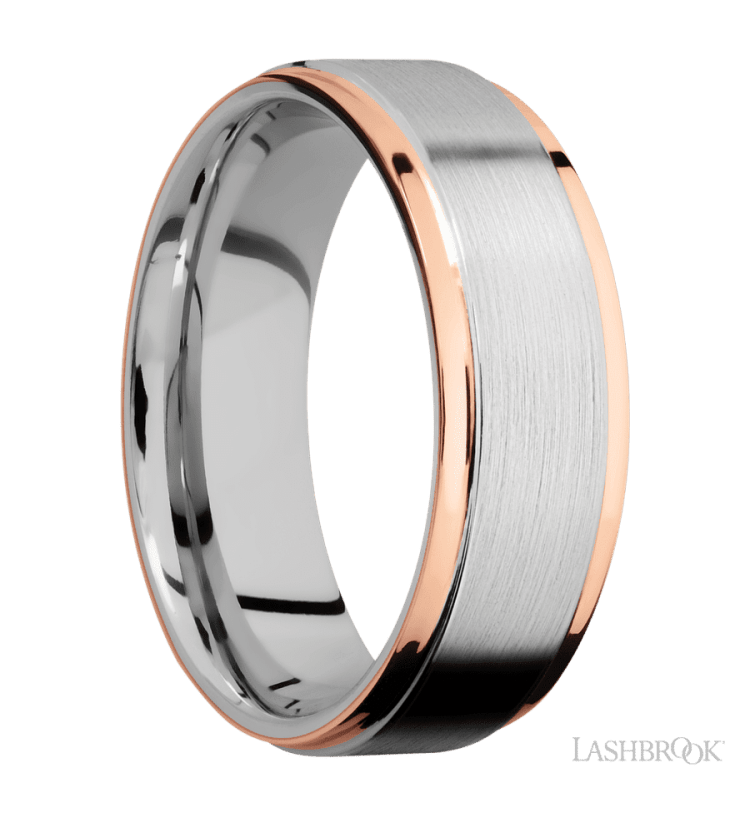 7 mm wide/Flat Grooved Edges/Cobalt Chrome band with two 1 mm Edge inlays of 14K Rose Gold. - Diamonds By Rothschild