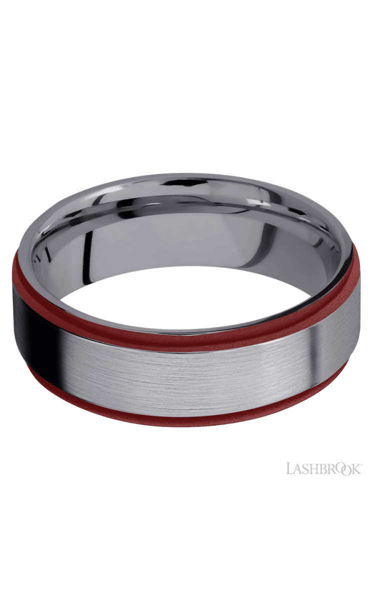 7 mm wide/Flat Grooved Edges/Tantalum band with two 1 mm Edge inlays of Crimson. - Diamonds By Rothschild