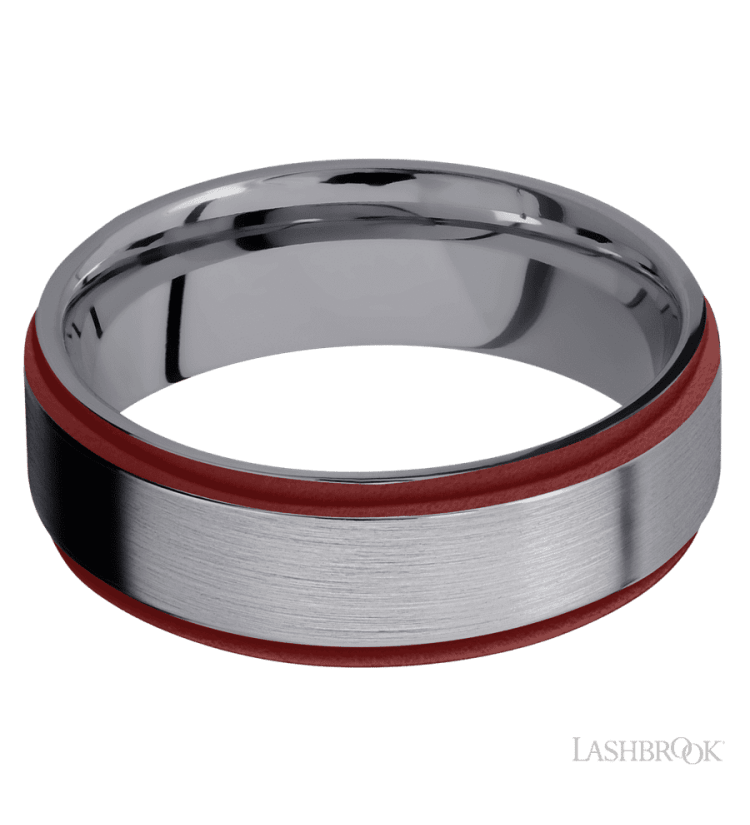 7 mm wide/Flat Grooved Edges/Tantalum band with two 1 mm Edge inlays of Crimson. - Diamonds By Rothschild