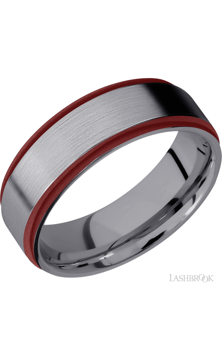 7 mm wide/Flat Grooved Edges/Tantalum band with two 1 mm Edge inlays of Crimson. - Diamonds By Rothschild