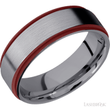 7 mm wide/Flat Grooved Edges/Tantalum band with two 1 mm Edge inlays of Crimson. - Diamonds By Rothschild