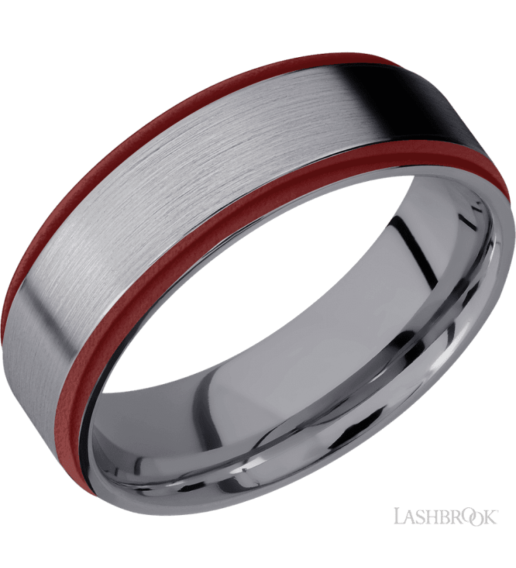 7 mm wide/Flat Grooved Edges/Tantalum band with two 1 mm Edge inlays of Crimson. - Diamonds By Rothschild