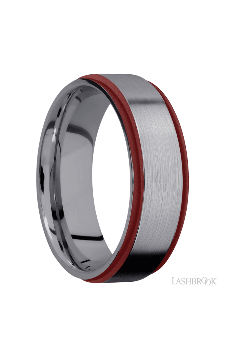 7 mm wide/Flat Grooved Edges/Tantalum band with two 1 mm Edge inlays of Crimson. - Diamonds By Rothschild