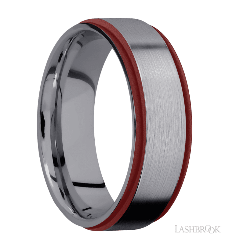 7 mm wide/Flat Grooved Edges/Tantalum band with two 1 mm Edge inlays of Crimson. - Diamonds By Rothschild