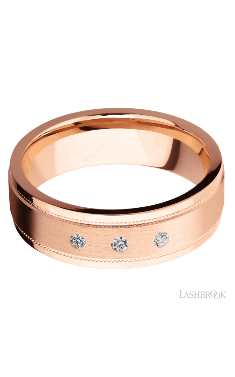 7 mm wide/Flat Stepped Edges Milgrain/14K Rose Gold band with an arrangement of 3, .03 carat Round Diamond stones in a Flush setting. - Diamonds By Rothschild