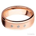 7 mm wide/Flat Stepped Edges Milgrain/14K Rose Gold band with an arrangement of 3, .03 carat Round Diamond stones in a Flush setting. - Diamonds By Rothschild
