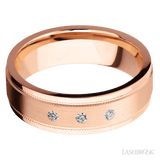 7 mm wide/Flat Stepped Edges Milgrain/14K Rose Gold band with an arrangement of 3, .03 carat Round Diamond stones in a Flush setting. - Diamonds By Rothschild