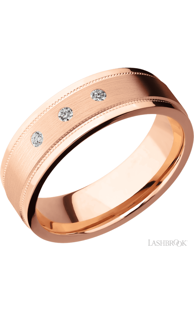 7 mm wide/Flat Stepped Edges Milgrain/14K Rose Gold band with an arrangement of 3, .03 carat Round Diamond stones in a Flush setting. - Diamonds By Rothschild