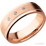 7 mm wide/Flat Stepped Edges Milgrain/14K Rose Gold band with an arrangement of 3, .03 carat Round Diamond stones in a Flush setting. - Diamonds By Rothschild