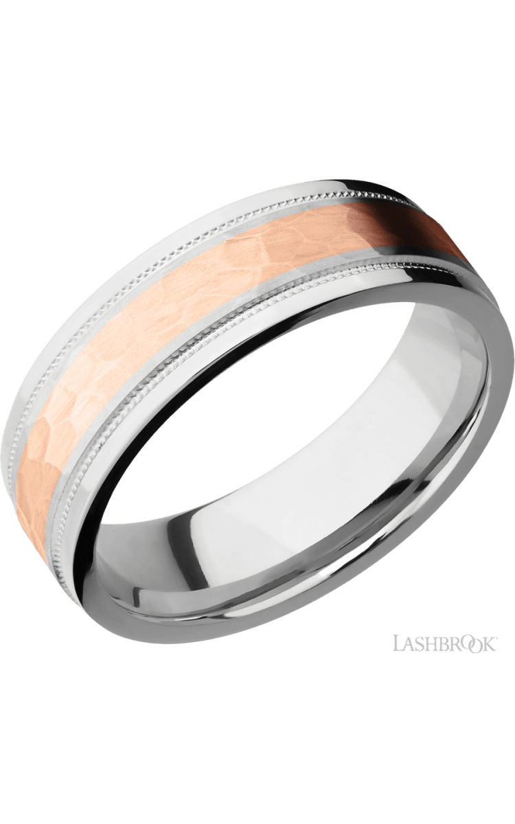 7 mm wide/Flat Stepped Edges Milgrain/Cobalt Chrome band with one 3 mm Centered inlay of 14K Rose Gold. - Diamonds By Rothschild