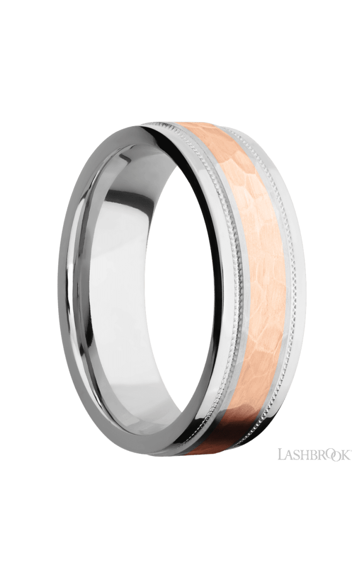 7 mm wide/Flat Stepped Edges Milgrain/Cobalt Chrome band with one 3 mm Centered inlay of 14K Rose Gold. - Diamonds By Rothschild