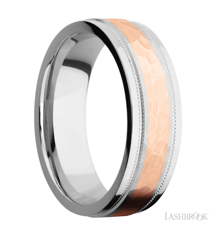 7 mm wide/Flat Stepped Edges Milgrain/Cobalt Chrome band with one 3 mm Centered inlay of 14K Rose Gold. - Diamonds By Rothschild