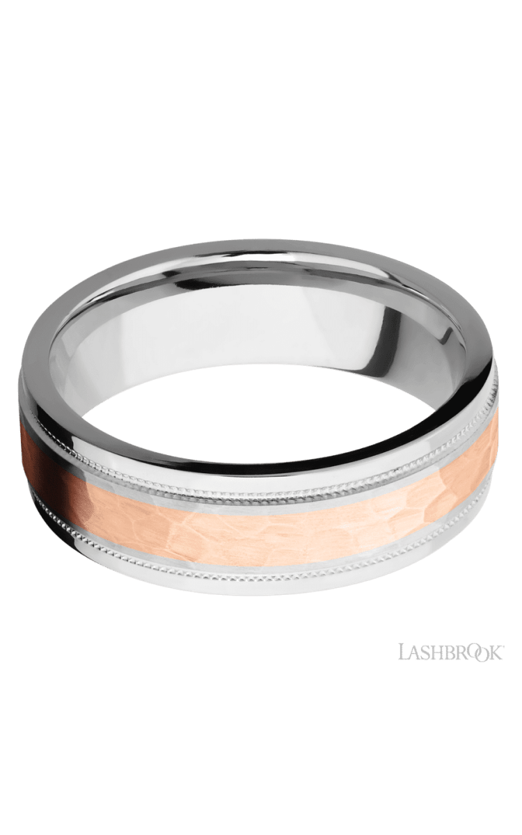 7 mm wide/Flat Stepped Edges Milgrain/Cobalt Chrome band with one 3 mm Centered inlay of 14K Rose Gold. - Diamonds By Rothschild