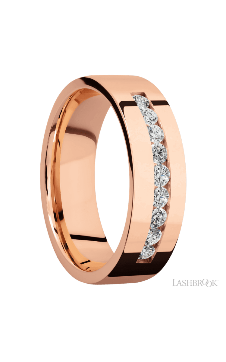 7 mm wide/Flat/14K Rose Gold band with an arrangement of 9, .05 carat Round Diamond stones in a Channel setting. - Diamonds By Rothschild