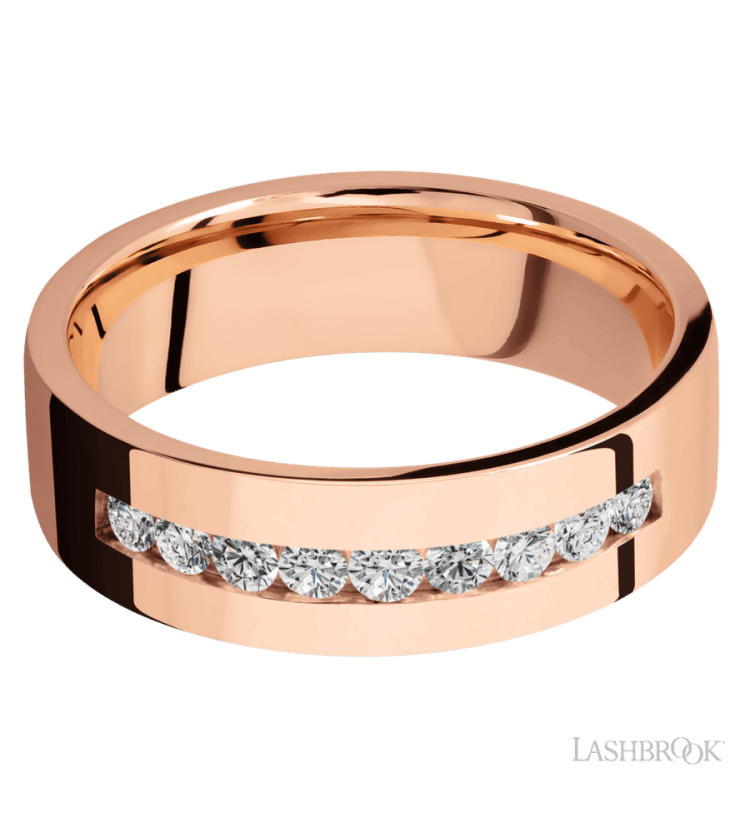 7 mm wide/Flat/14K Rose Gold band with an arrangement of 9, .05 carat Round Diamond stones in a Channel setting. - Diamonds By Rothschild