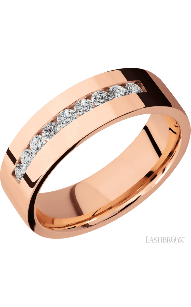 7 mm wide/Flat/14K Rose Gold band with an arrangement of 9, .05 carat Round Diamond stones in a Channel setting. - Diamonds By Rothschild