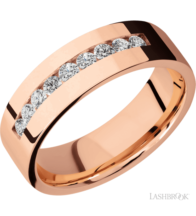 7 mm wide/Flat/14K Rose Gold band with an arrangement of 9, .05 carat Round Diamond stones in a Channel setting. - Diamonds By Rothschild