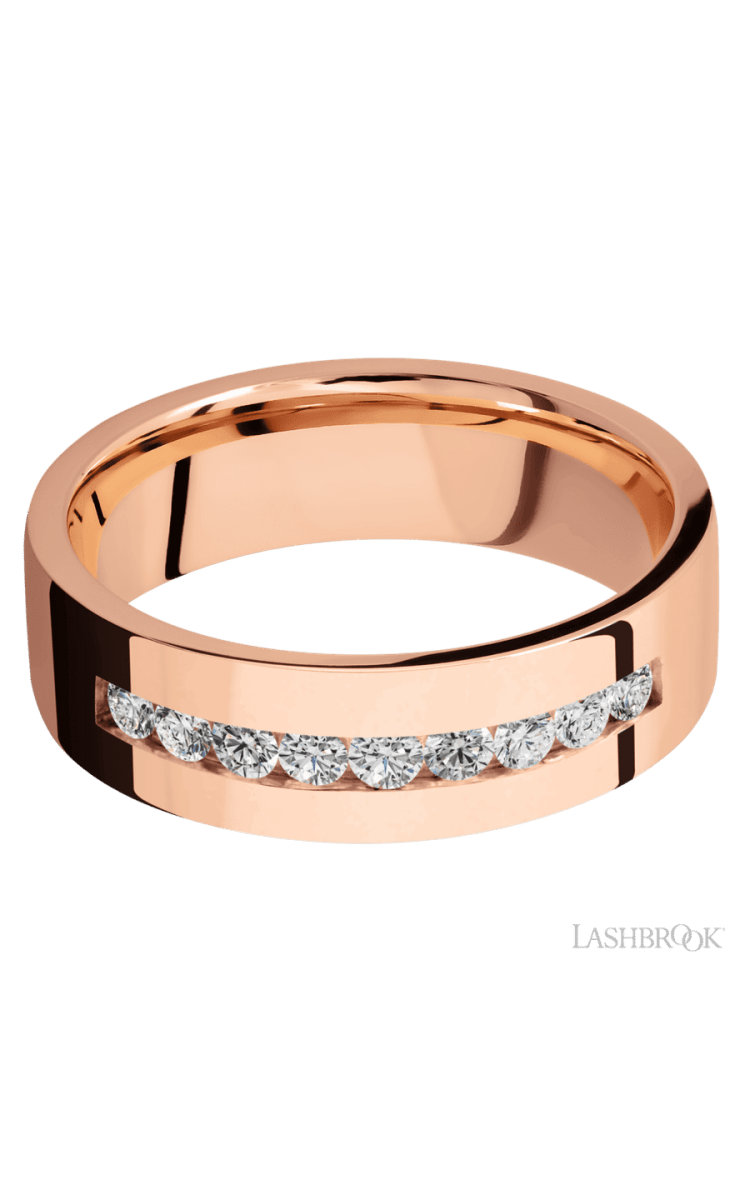 7 mm wide/Flat/14K Rose Gold band with an arrangement of 9, .05 carat Round Diamond stones in a Channel setting. - Diamonds By Rothschild