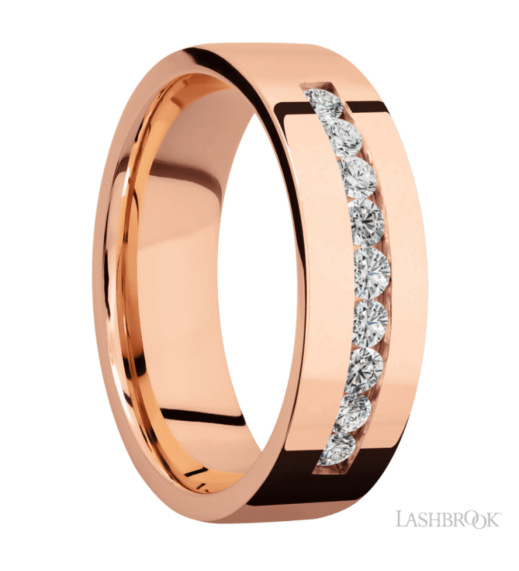 7 mm wide/Flat/14K Rose Gold band with an arrangement of 9, .05 carat Round Diamond stones in a Channel setting. - Diamonds By Rothschild