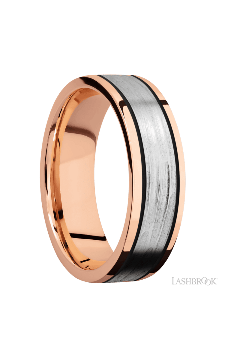 7 mm wide/Flat/14K Rose Gold band with one 4 mm Centered inlay of 14K White Gold. - Diamonds By Rothschild