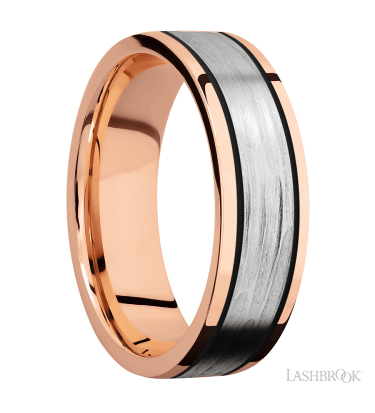 7 mm wide/Flat/14K Rose Gold band with one 4 mm Centered inlay of 14K White Gold. - Diamonds By Rothschild