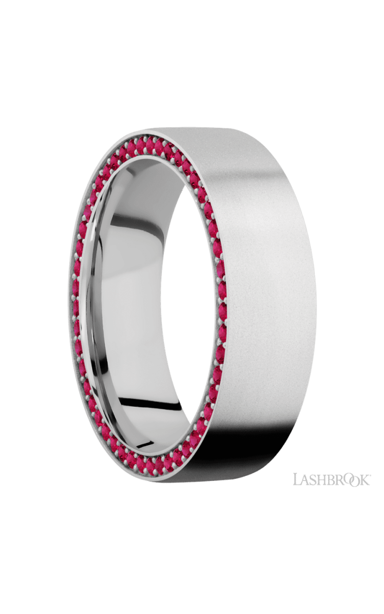 7 mm wide/Flat/14K White Gold band with a Side Eternity arrangement of .01 carat Round Ruby stones in a Bead Channel setting. - Diamonds By Rothschild