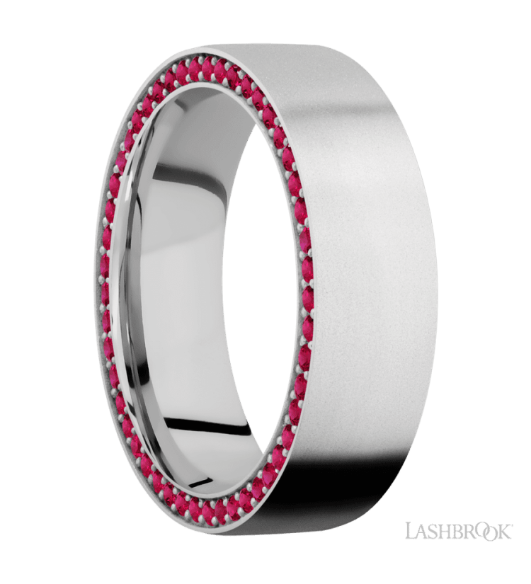 7 mm wide/Flat/14K White Gold band with a Side Eternity arrangement of .01 carat Round Ruby stones in a Bead Channel setting. - Diamonds By Rothschild