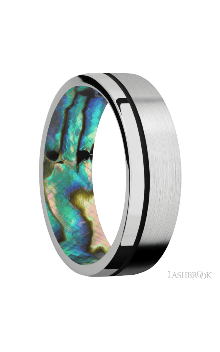 7 mm wide/Flat/14K White Gold band with one 0.5 mm Off Center inlay of Black also featuring a Abalone sleeve. - Diamonds By Rothschild