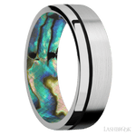 7 mm wide/Flat/14K White Gold band with one 0.5 mm Off Center inlay of Black also featuring a Abalone sleeve. - Diamonds By Rothschild