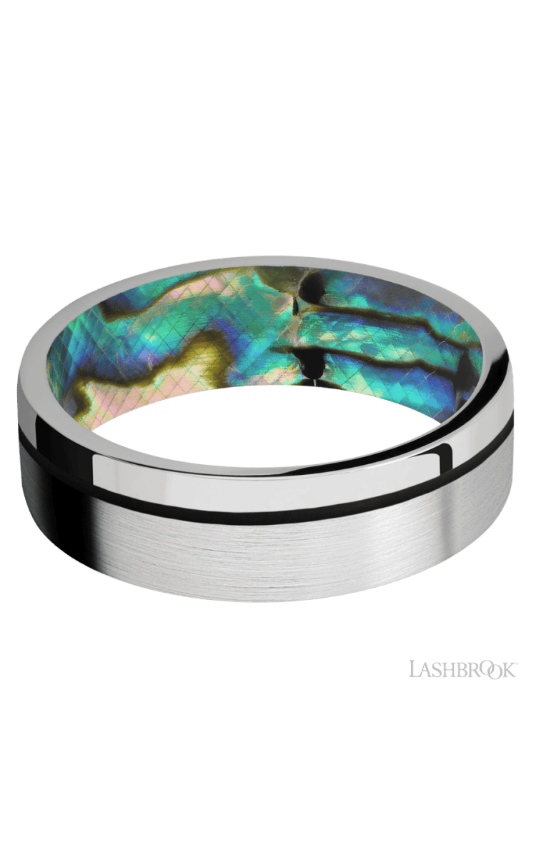 7 mm wide/Flat/14K White Gold band with one 0.5 mm Off Center inlay of Black also featuring a Abalone sleeve. - Diamonds By Rothschild