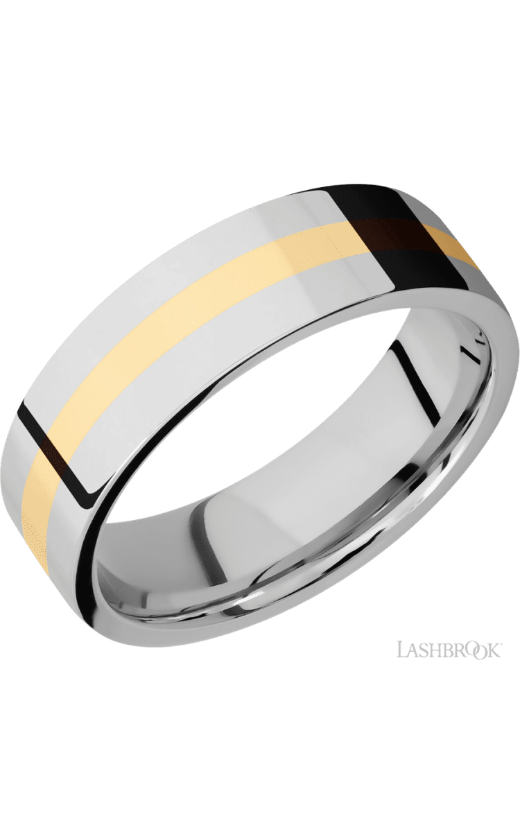 7 mm wide/Flat/14K White Gold band with one 2 mm Centered inlay of 14K Yellow Gold. - Diamonds By Rothschild