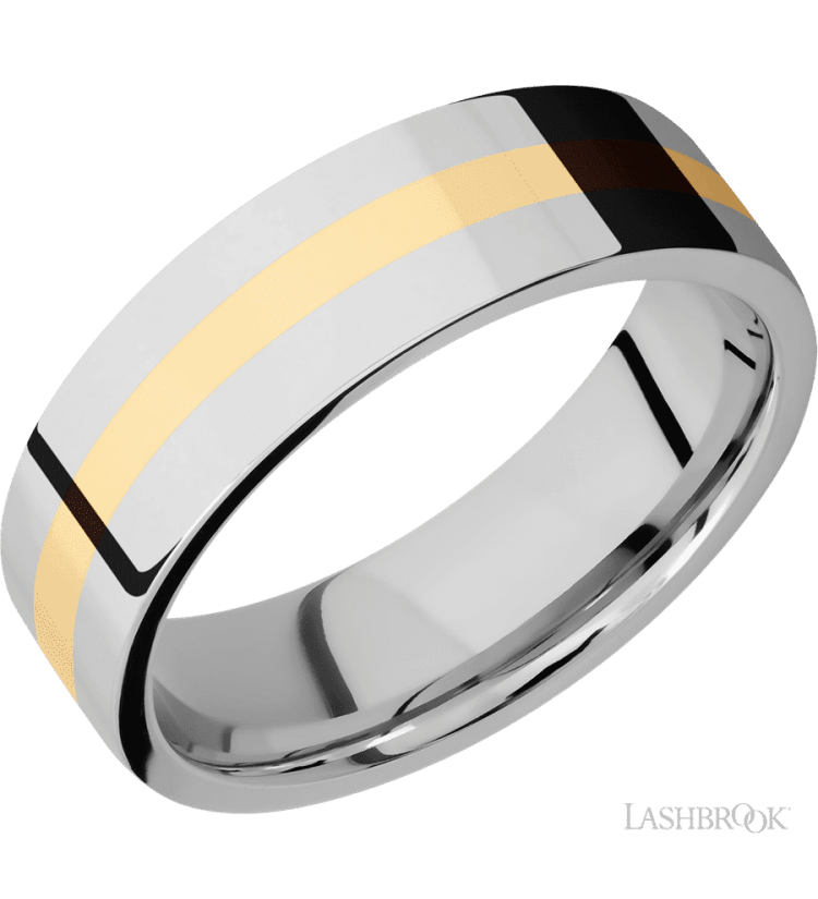 7 mm wide/Flat/14K White Gold band with one 2 mm Centered inlay of 14K Yellow Gold. - Diamonds By Rothschild