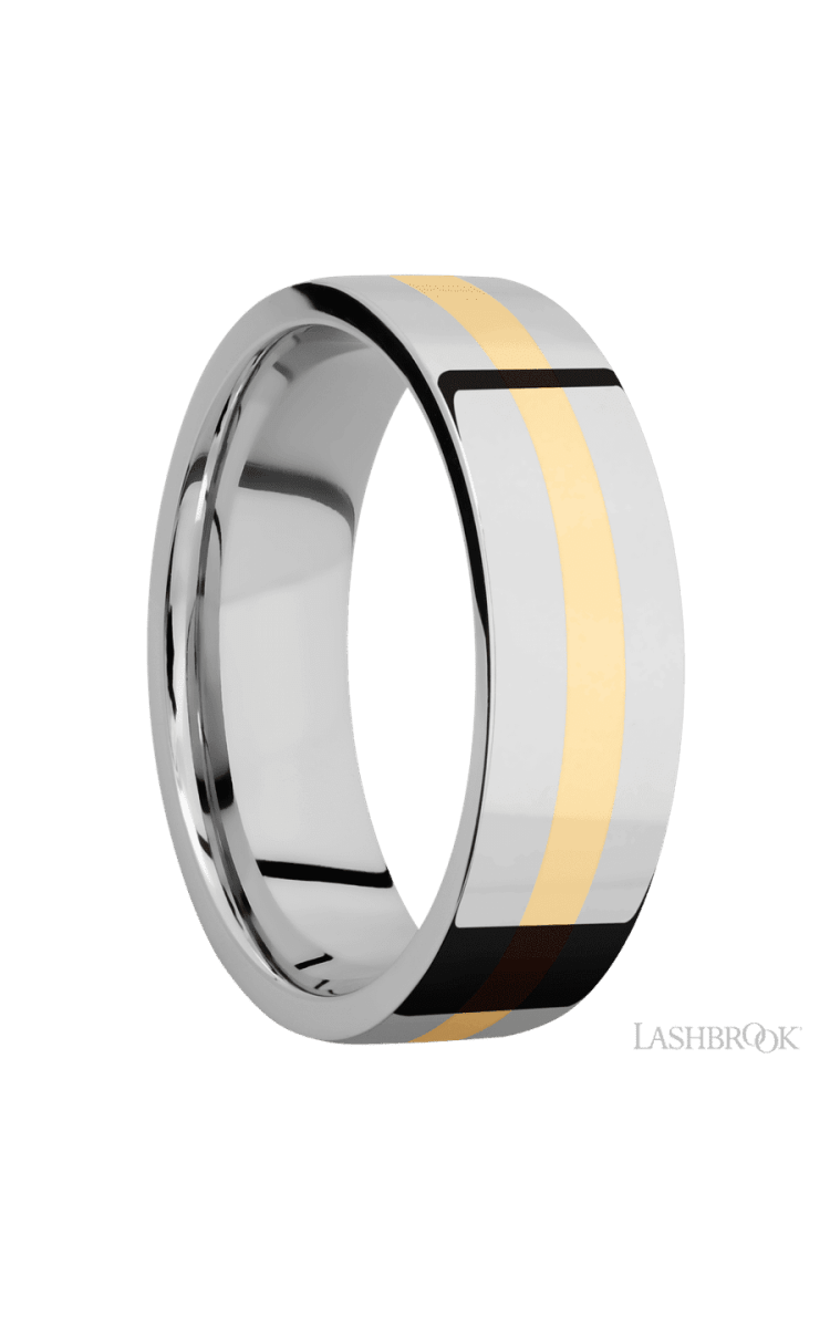 7 mm wide/Flat/14K White Gold band with one 2 mm Centered inlay of 14K Yellow Gold. - Diamonds By Rothschild
