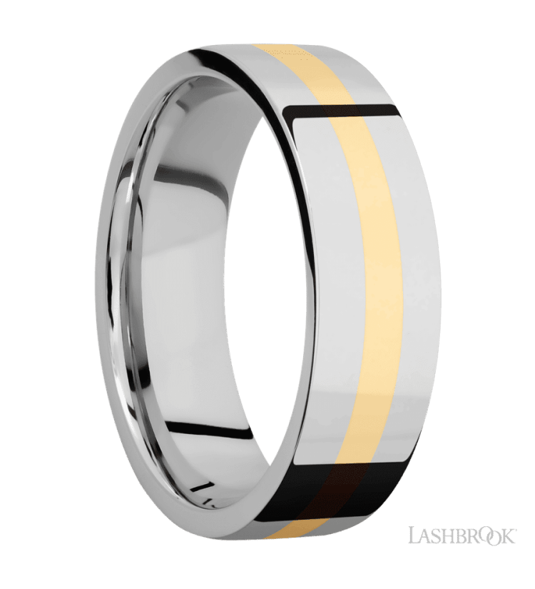 7 mm wide/Flat/14K White Gold band with one 2 mm Centered inlay of 14K Yellow Gold. - Diamonds By Rothschild