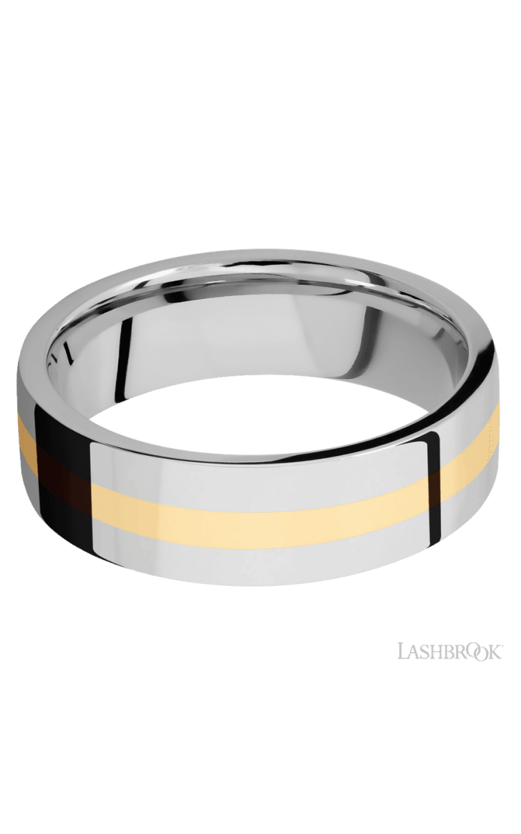 7 mm wide/Flat/14K White Gold band with one 2 mm Centered inlay of 14K Yellow Gold. - Diamonds By Rothschild