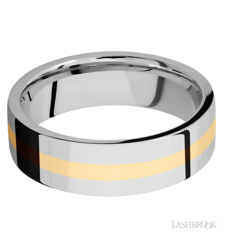 7 mm wide/Flat/14K White Gold band with one 2 mm Centered inlay of 14K Yellow Gold. - Diamonds By Rothschild